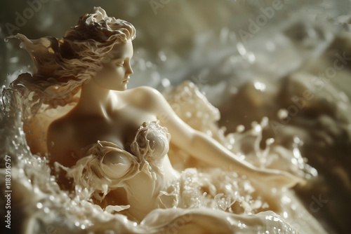 Marble statue: the birth of the goddess of beauty and love Aphrodite (Venus). Mythology of ancient Greece and Rome. Horizontal image.