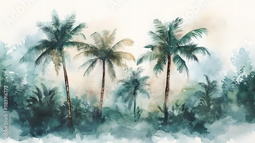 Serene Watercolor Palm Trees in Lush Tropical Jungle