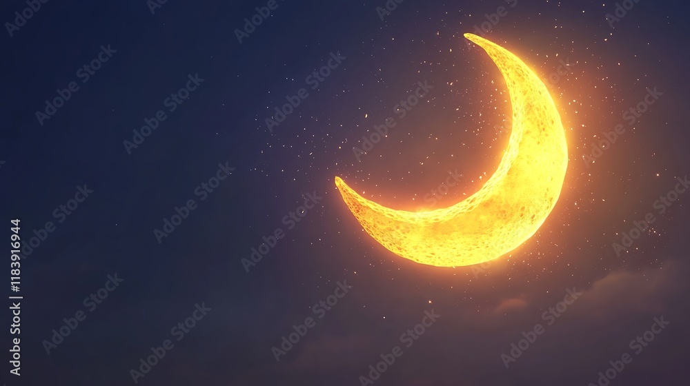 Glowing Crescent Moon In Night Sky With Stars Glowing Crescent Moon In Night Sky With Stars