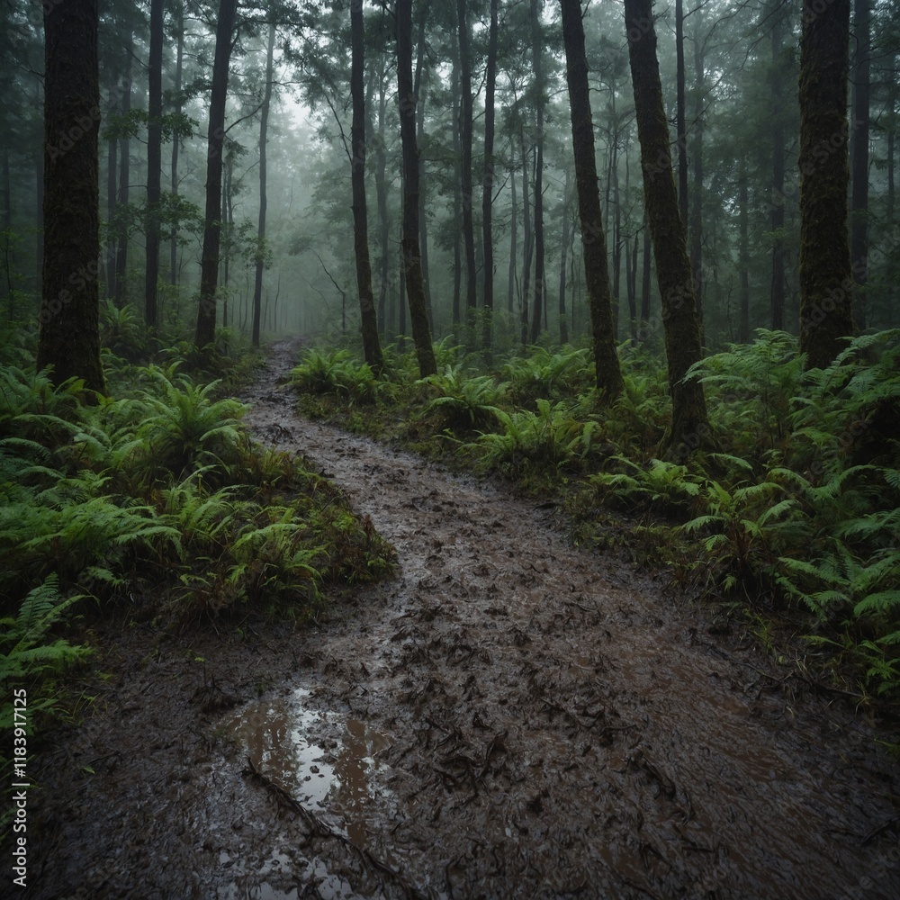 Muddy trail runners on a forest path after a rainstorm. Muddy trail runners on a forest path after a rainstorm.