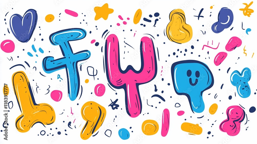 Colorful abstract doodle letters, shapes, and icons on white background for social media Colorful abstract doodle letters, shapes, and icons on white background for social media