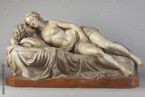 Marble statue of the goddess of beauty and love Aphrodite and the god of war Ares. Mythology of ancient Greece and Rome.