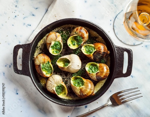 Escargots de bourgogne cooked with garlic butter and parsley in a cast iron pan