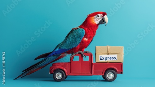 A colorful parrot perched on a red toy truck carrying a box labeled 