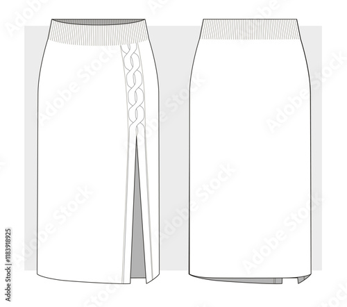 Knitted Skirt with front slit and braid. Technical sketch. Vector illustration.