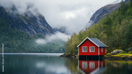 Red hut of norwegian culture and architecture by the lake in norway, lake house, amazing view of the lake