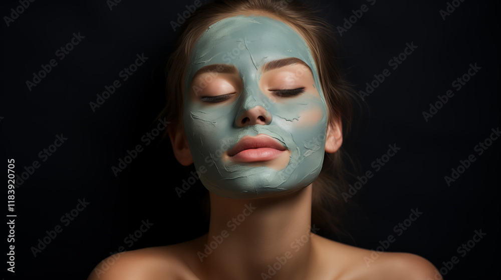 Close-up of a woman's face with closed eyes and a soft green clay mask Close-up of a woman's face with closed eyes and a soft green clay mask