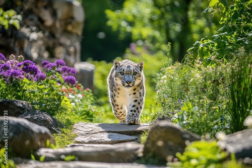 A snow leopard walks gracefully across the rugged mountain terrain, showcasing its powerful build and stunning spotted coat in the wintry landscape. photo