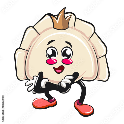 Cute gyoza dumpling vektor illustration mascot character crowned like a king while folding his arms calmly, Xiao Long Bao, Asian, Chinese food, work of hand drawn