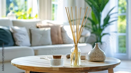 reed diffuser on wooden table in modern bright living room