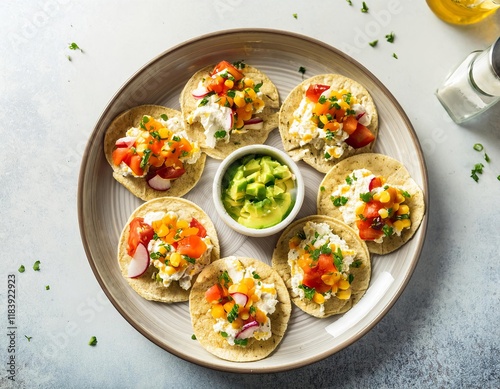 Delicious mini tostadas with fresh toppings creating a colorful and flavorful breakfast for kids photo
