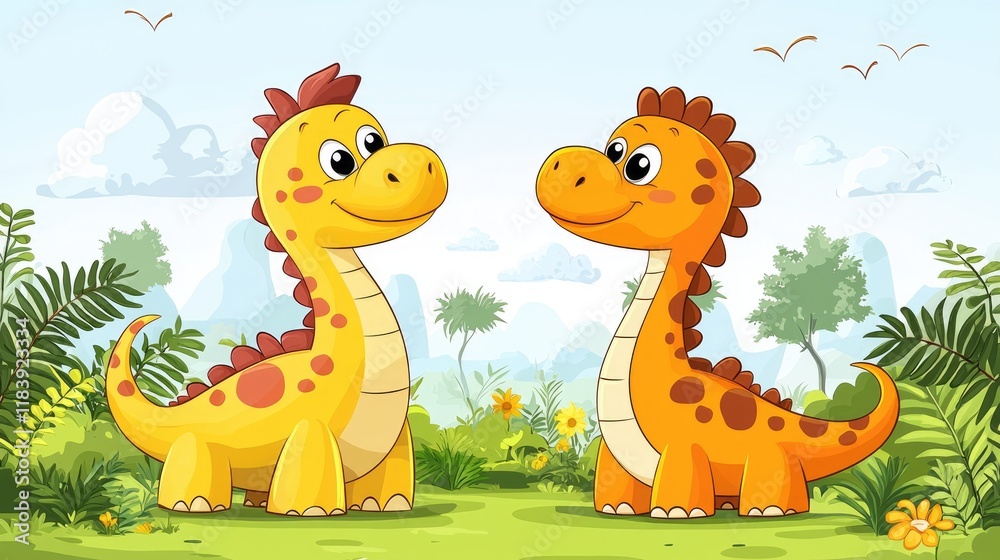 Naklejka premium Adorable Baby Dinosaurs in a Lush Green Landscape: A Delightful Cartoon Illustration