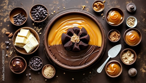 Delicious Dobos Torte on Plate Surrounded by Chocolate and Caramel Sauces and Nuts photo