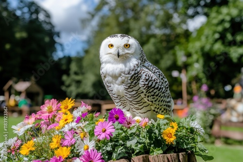 Snowy owl landing on snow-covered ground with wide wings spread, crouched stance, focused gaze, poised and ready for touchdown. photo