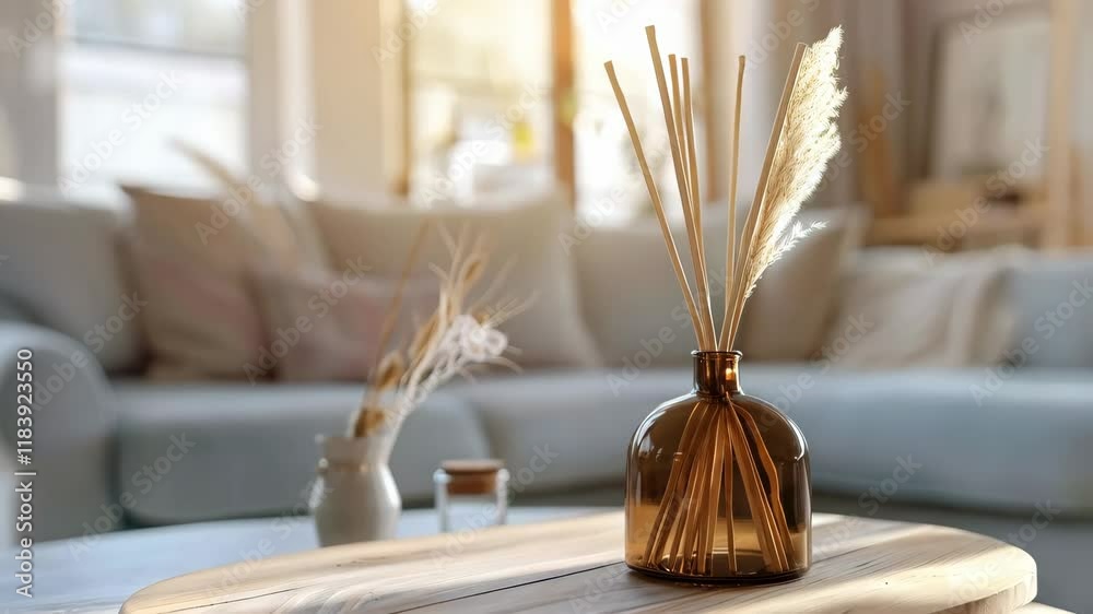 reed diffuser on wooden table in bright living room