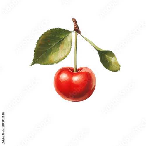 Ripe cherry with green stem on pristine white surface, perfect for graphic design and digital projects