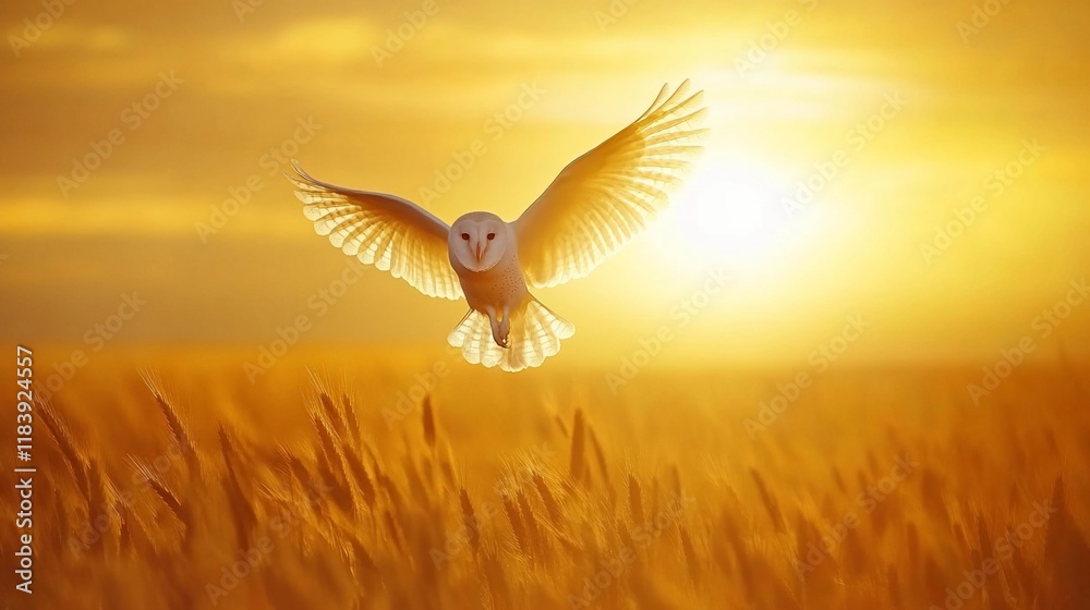 Obraz premium Barn owl in flight over golden wheat field at sunset. (1)