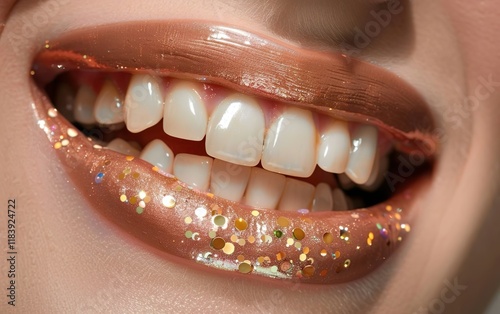 Closeup of lips covered in rhinestones. Unusualness, quirky, unconventional, bizzare, strange, peculiar, extraordinary, nonconformist, rare, atypical, outlier, unorthodox, eccentric beauty concept. photo