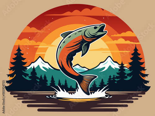 Salmon Leaping Out of Water - Vibrant Mountain Lake Scene Wildlife Illustration. Jumping fish over mountain lake at sunset