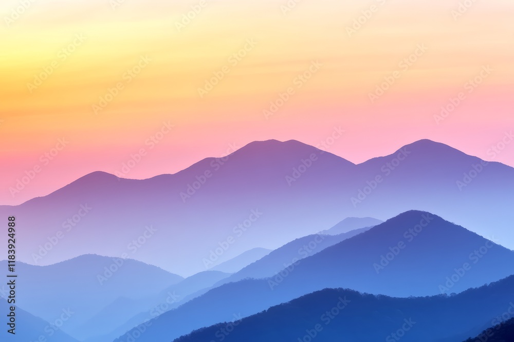 Fototapeta premium Dreamy Gradient of Misty Mountains at Sunrise in Pastel Colors