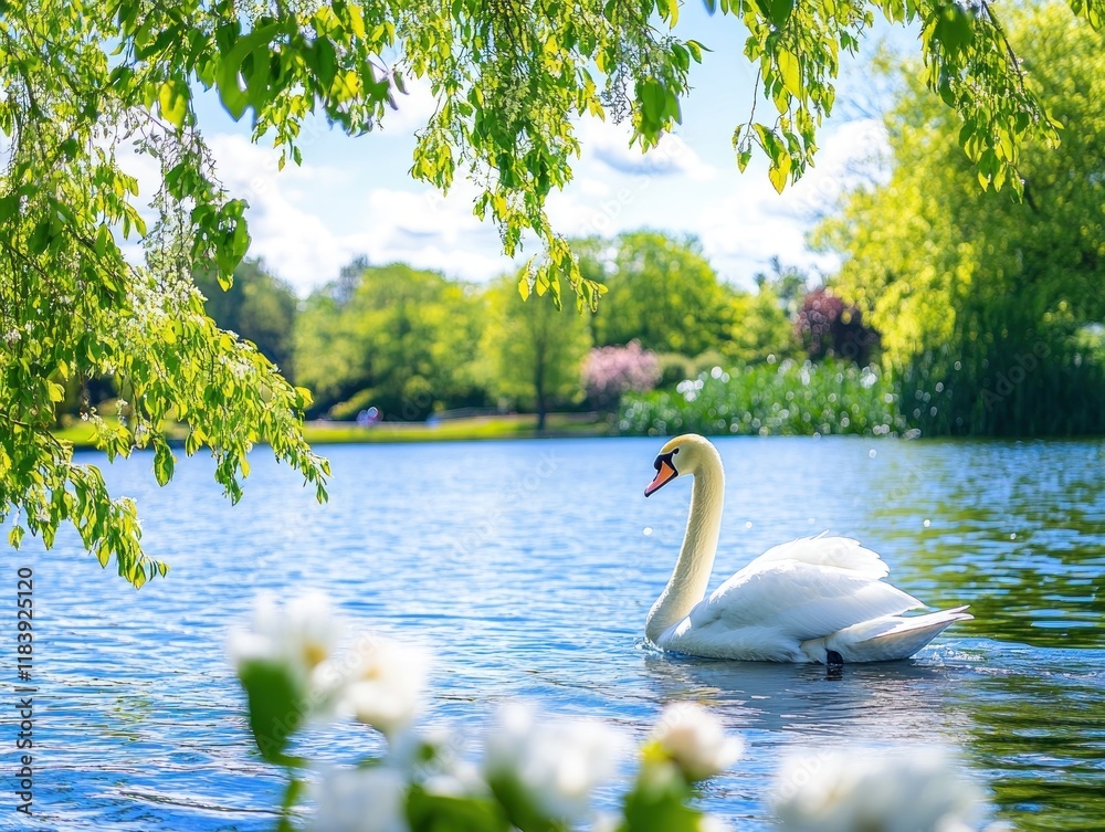 Obraz premium A graceful swan gliding on water or standing elegantly, showcasing its white feathers, long neck, and serene beauty.