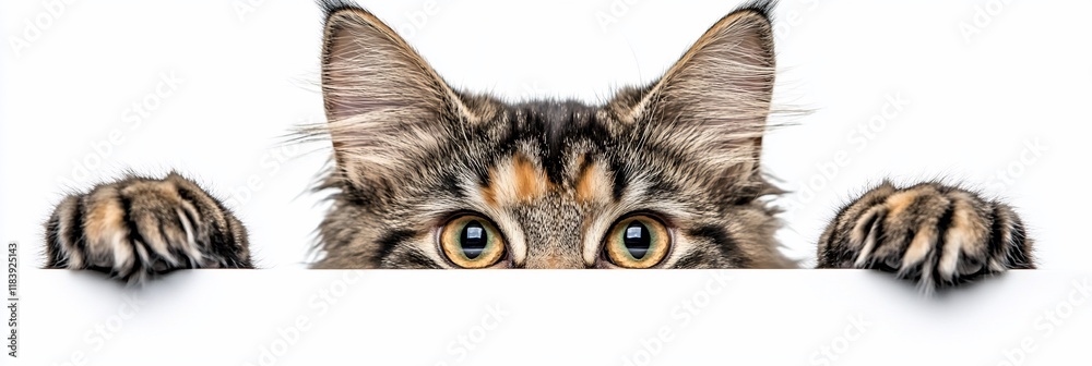Fototapeta premium Curious cat peeking over white surface, paws on edges.