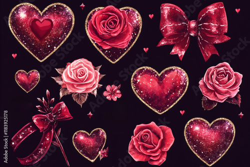 Romantic stickers featuring glittering hearts, red roses, and elegant bows create a luxurious valentine's day atmosphere