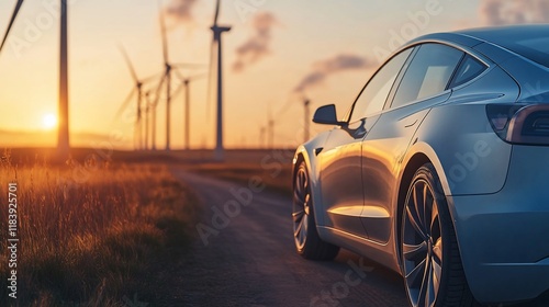 Electric car sunset field wind turbines renewable energy