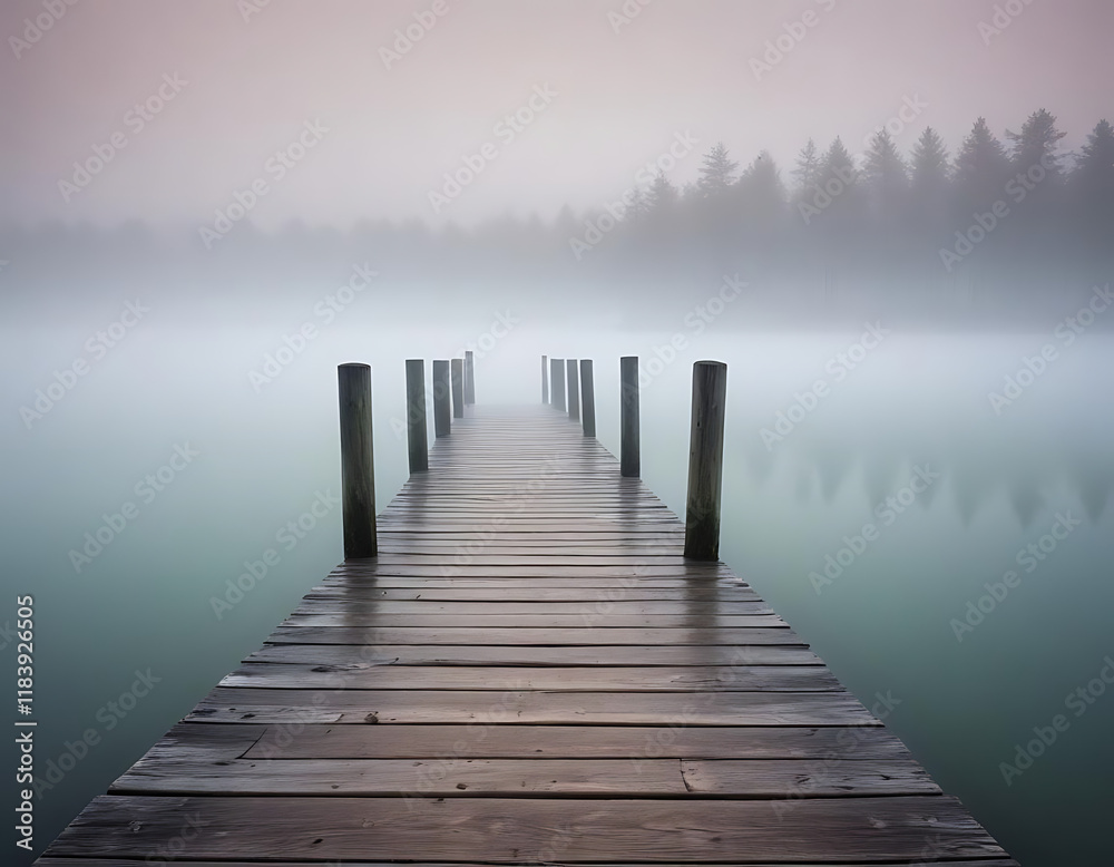 An old wooden pier extending into a foggy lake. An old wooden pier extending into a foggy lake.