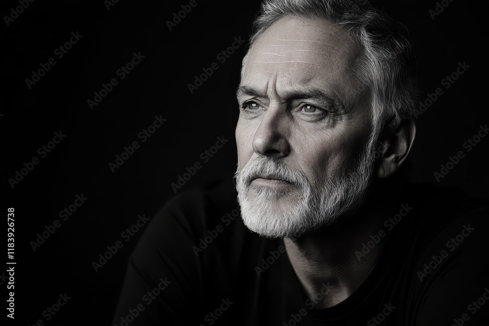 Obraz premium Senior man with white beard showing thoughtful expression on black background