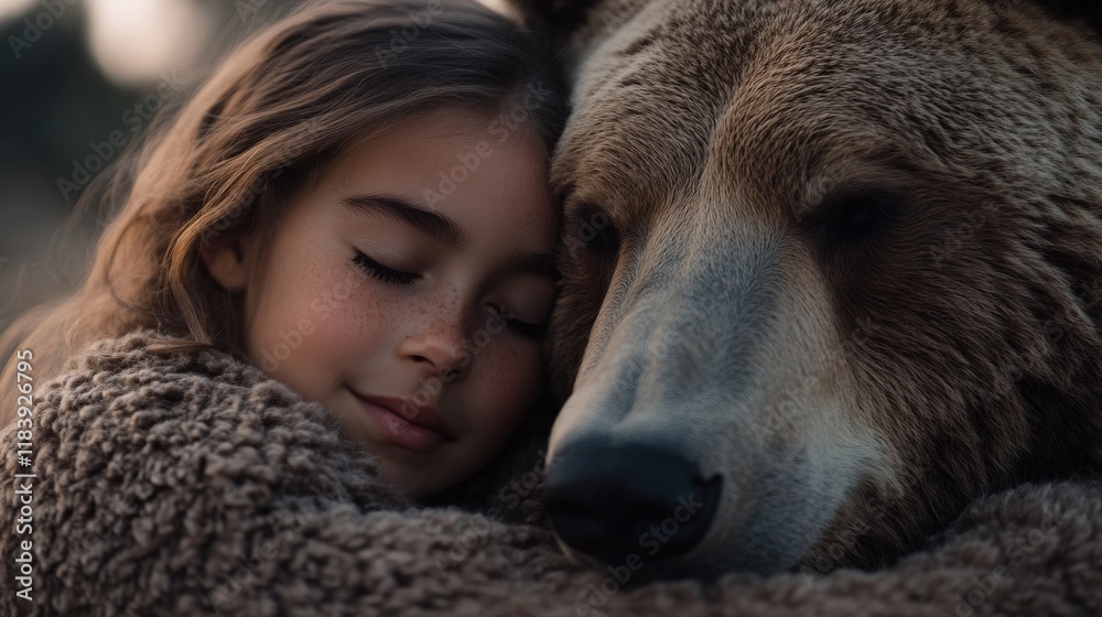 Naklejka premium In a warm twilight setting, a girl snuggles with a bear wrapped in a soft blanket, creating a touching moment of companionship that radiates peace and comfort within nature's embrace.