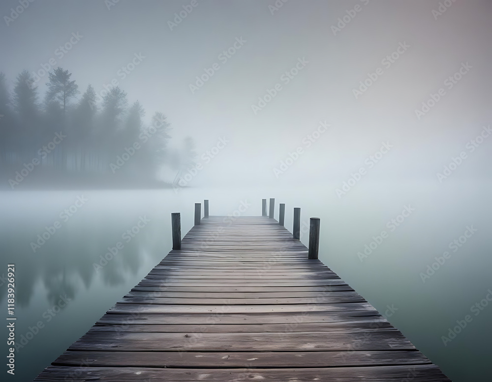 An old wooden pier extending into a foggy lake. An old wooden pier extending into a foggy lake.