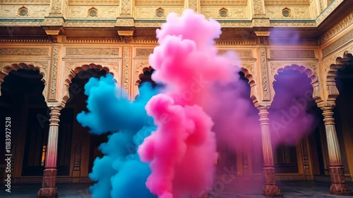 Colorful smoke billows in historic courtyard during vibrant festival celebration