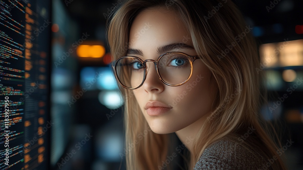 Woman programmer coding late night office Woman programmer coding late night office
