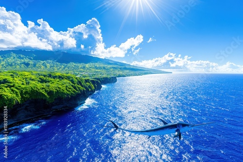 A swordfish showcasing its long, pointed bill, gliding through water with sleek precision, embodying strength and elegance in the ocean. photo