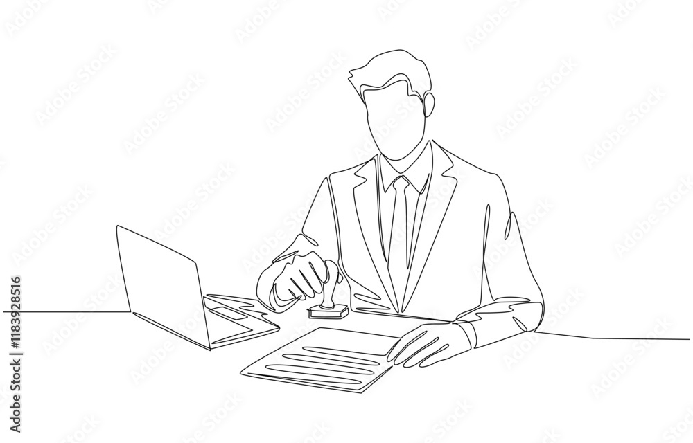 Continuous one line drawing of businessman stamping company seal on document or agreement, signing contract or document verification concept, single line art Continuous one line drawing of businessman stamping company seal on document or agreement, signing contract or document verification concept, single line art