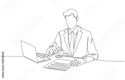 Continuous one line drawing of businessman stamping company seal on document or agreement, signing contract or document verification concept, single line art