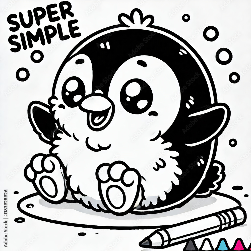 Obraz premium Black white lineart coloring book, cute animal character. Cute Cartoon Character with Big Eyes. Cute pinguin with happy faces. Simple image for kids coloring book