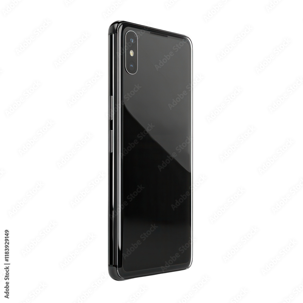 Naklejka premium Sleek modern smartphone upright on clean white surface, minimalist design showcasing elegance and innovation, ideal for tech enthusiasts