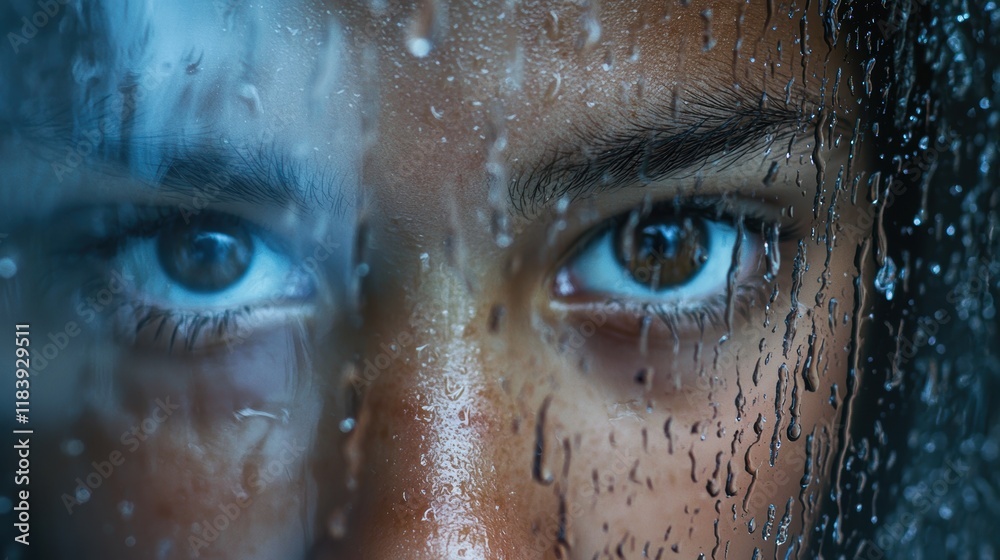 Naklejka premium Unique Perspective on a Person Behind Rainy Glass