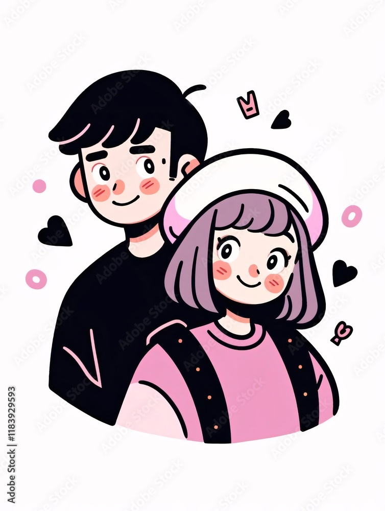 Couple portrait, anime style, hearts, white background, social media. Couple portrait, anime style, hearts, white background, social media.