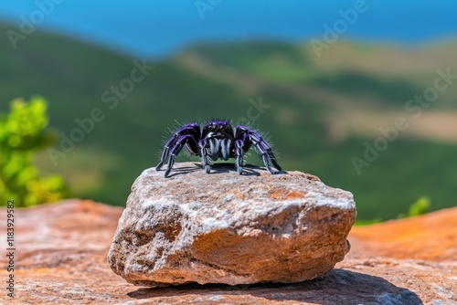 A tarantula in a defensive posture, raising its front legs, showcasing its hairy body, bold stance, and natural survival instincts. photo