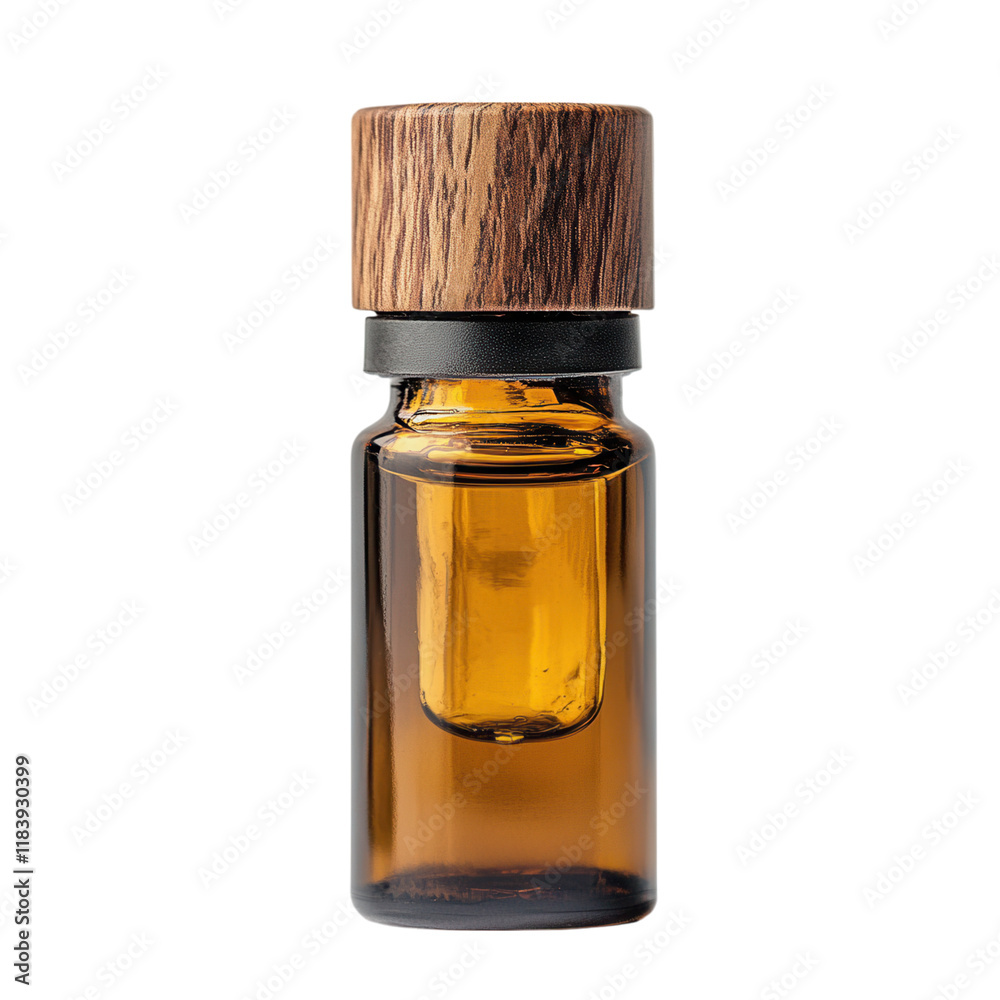 Essential oils in a small bottle with a wooden cap, elegantly displayed on a clean white surface, ideal for digital use and design. Essential oils in a small bottle with a wooden cap, elegantly displayed on a clean white surface, ideal for digital use and design.