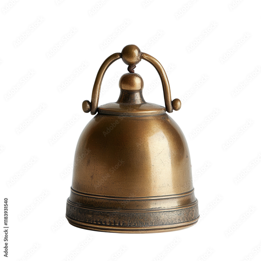 Brass Bell with Handle on White, a charming small brass bell featuring a sturdy handle, set against a clean white backdrop for versatile use Brass Bell with Handle on White, a charming small brass bell featuring a sturdy handle, set against a clean white backdrop for versatile use