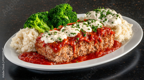 Delicious meatloaf dinner with broccoli and rice home kitchen food photography cozy atmosphere close-up shot