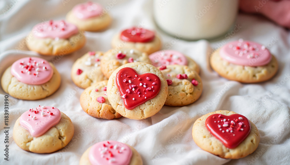 Gluten-free Valentine's cookies with vibrant icing on linen cloth, festive treat Gluten-free Valentine's cookies with vibrant icing on linen cloth, festive treat