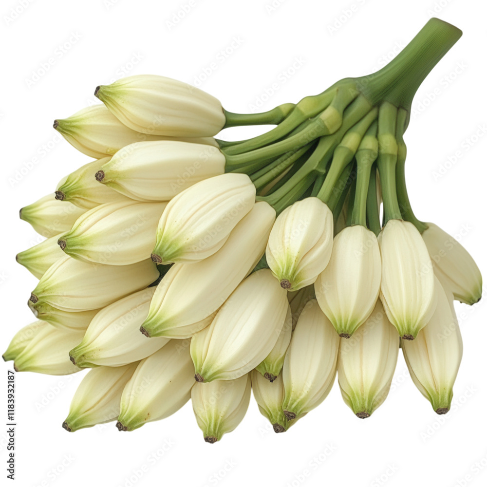 Fresh bunch of ripe bananas with green tips on a clean white background, vibrant colors, inviting and wholesome appearance Fresh bunch of ripe bananas with green tips on a clean white background, vibrant colors, inviting and wholesome appearance