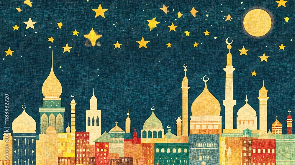 Fototapeta premium A Nighttime Cityscape Featuring Mosques Under a Starry Sky