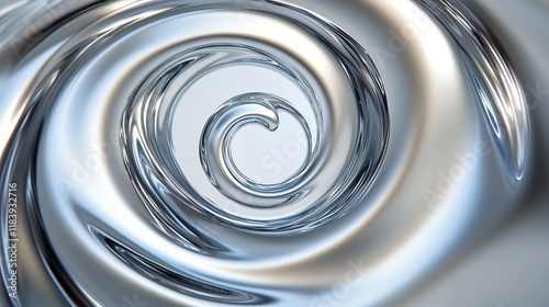 **A hypnotic spiral vortex of swirling liquid metal brushing across a uniformly white background photo