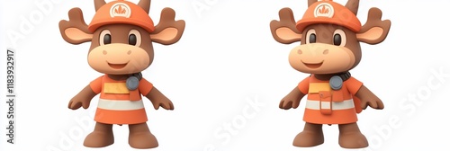 Two adorable cartoon moose firefighters, identical, wearing orange uniforms and helmets, standing against a white background. photo